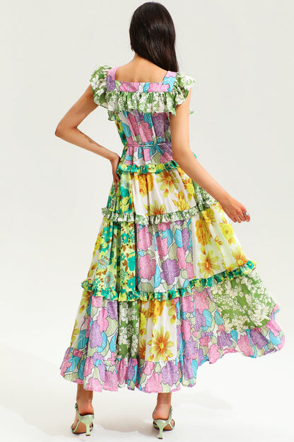 Printed Sleeveless Square Collar Ruffle Hem Midi Dress