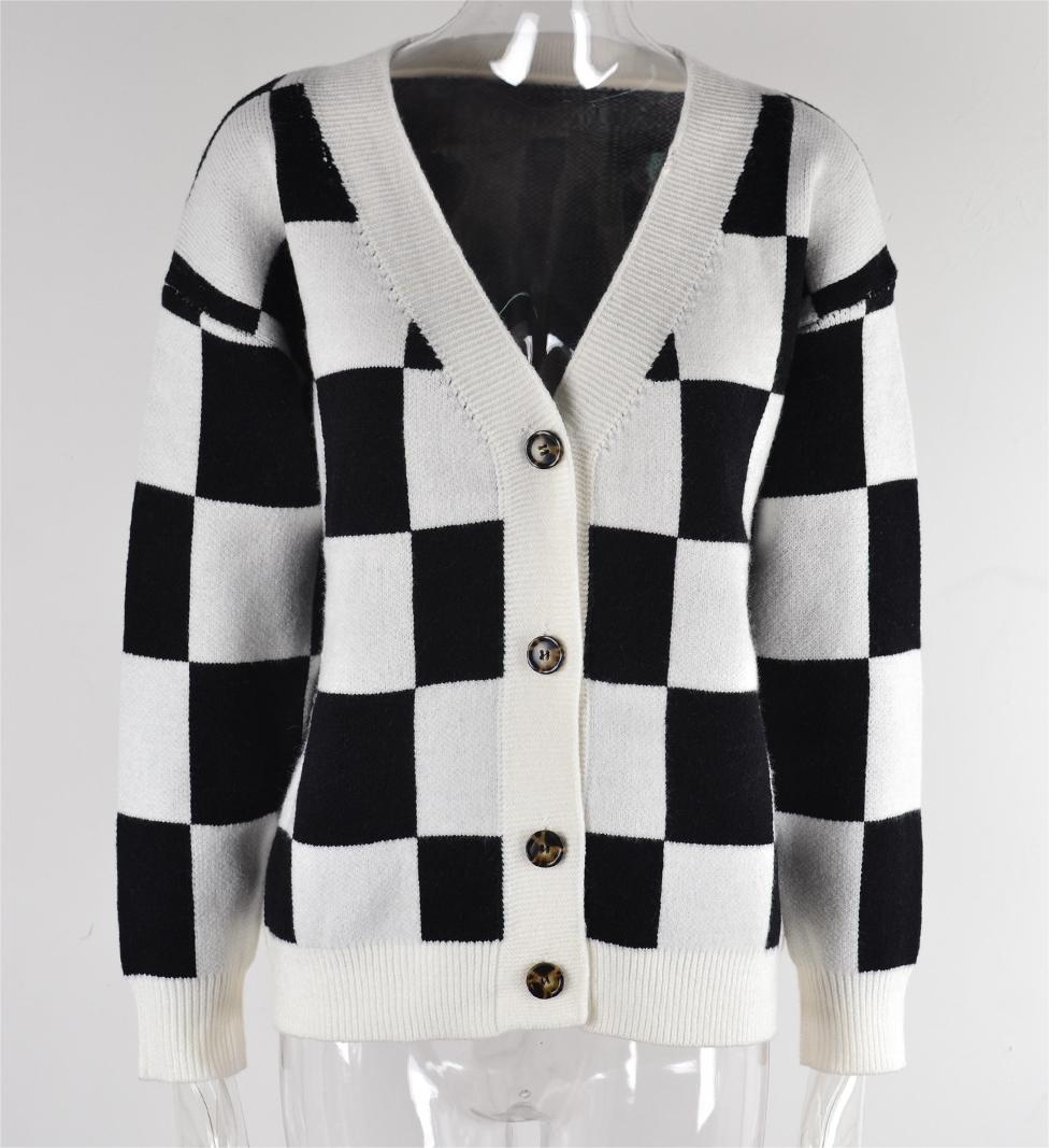 Autumn Winter Plaid Sweater Stitching Cardigan Top Knitted Coat Tide