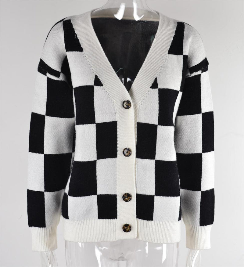 Autumn Winter Plaid Sweater Stitching Cardigan Top Knitted Coat Tide