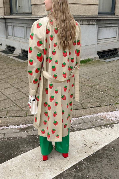 Fruit Print Long Coat Cherry Trench Coat