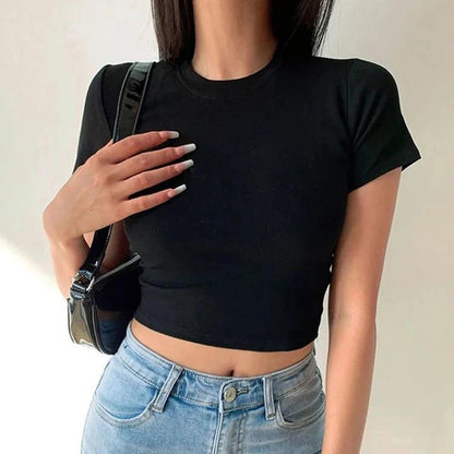 Short Sleeve T-shirt Simple Soft All-match Basic Crop Tops Tees Summer Skinny Tops Black White