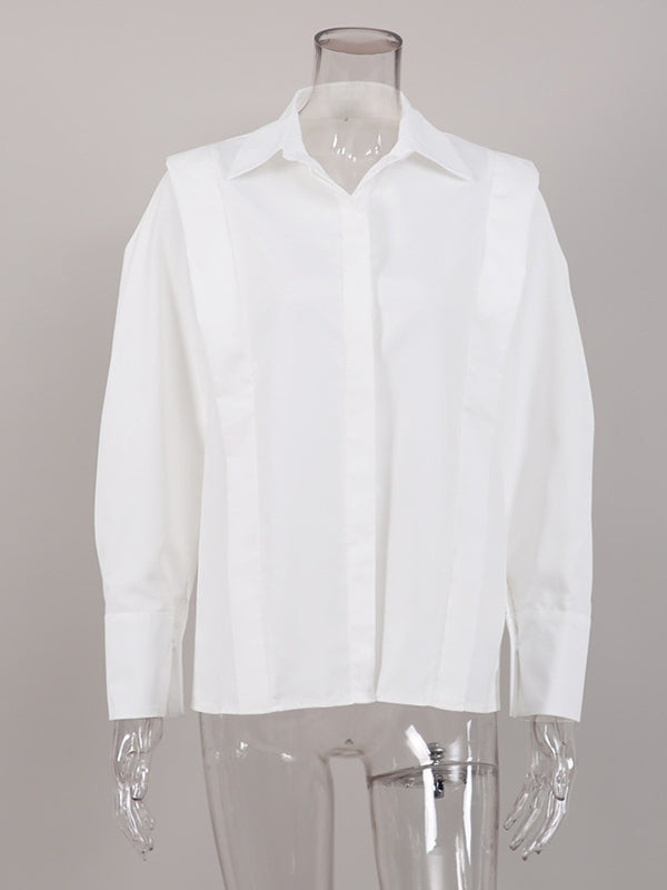 Long Sleeves Loose Buttoned Color Lapel Blouses&shirts Tops