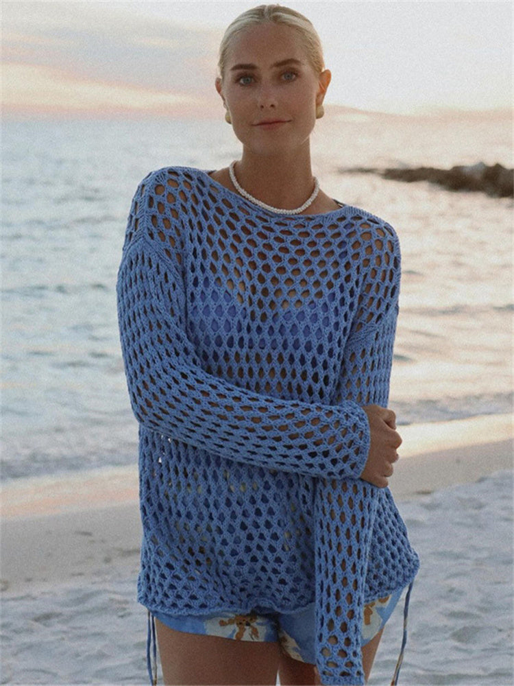 Tossy Knit Hollow Out Cover Up Mini Dress for See-through Loose Beach Holiday Clothes Summer Patchwork Knitwear Cover Up