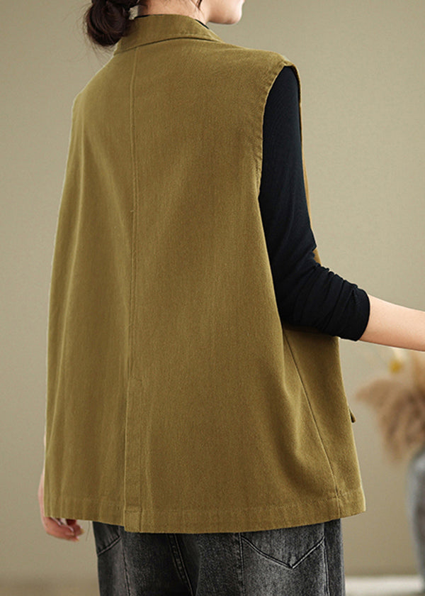 Orange Notched Neck Pockets Cotton Vest Sleeveless
