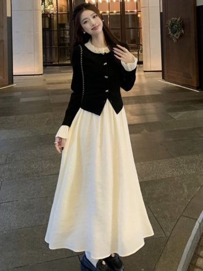 Patchwork Midi Dress O-neck Long Sleeve A-line Autumn Spring Evening Party Prom Robe Princess Vestidos New