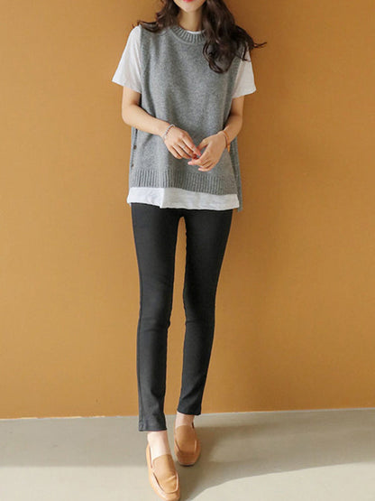 Simple Sleeveless Loose Buttoned Color Round-neck Sweater Vest Outerwear