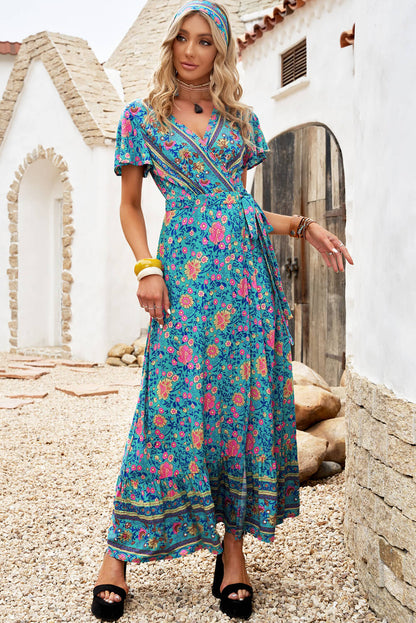 Flared Sleeve Wrapover Lace Up Maxi Dress