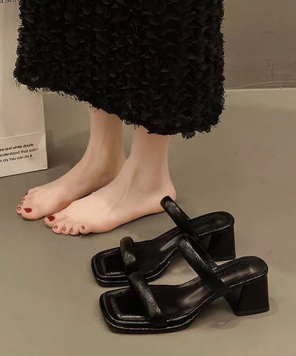 French Silver Chunky Heel Slide Sandals Peep Toe Oi043