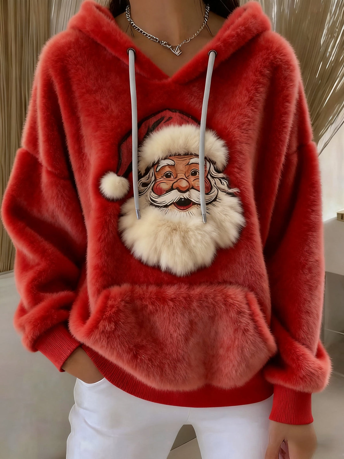 Vintage Christmas Santa Art Women's Cozy Plush Hooded Sweater