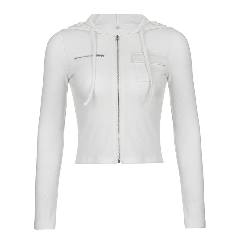Hooded Zipper Short Jacket Autumn Color Cardigan Slim Fit Slimming Long Sleeves T Shirt Top