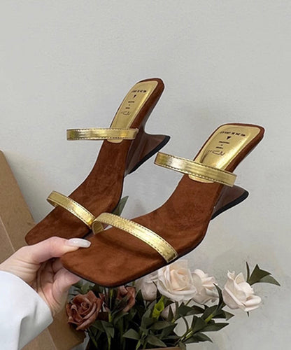 French Gold Wedge Heel Slide Sandals Peep Toe Oi033