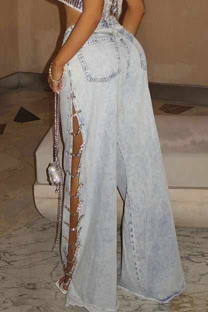 Sportswear Rhinestone High Waist Loose Denim Jeans