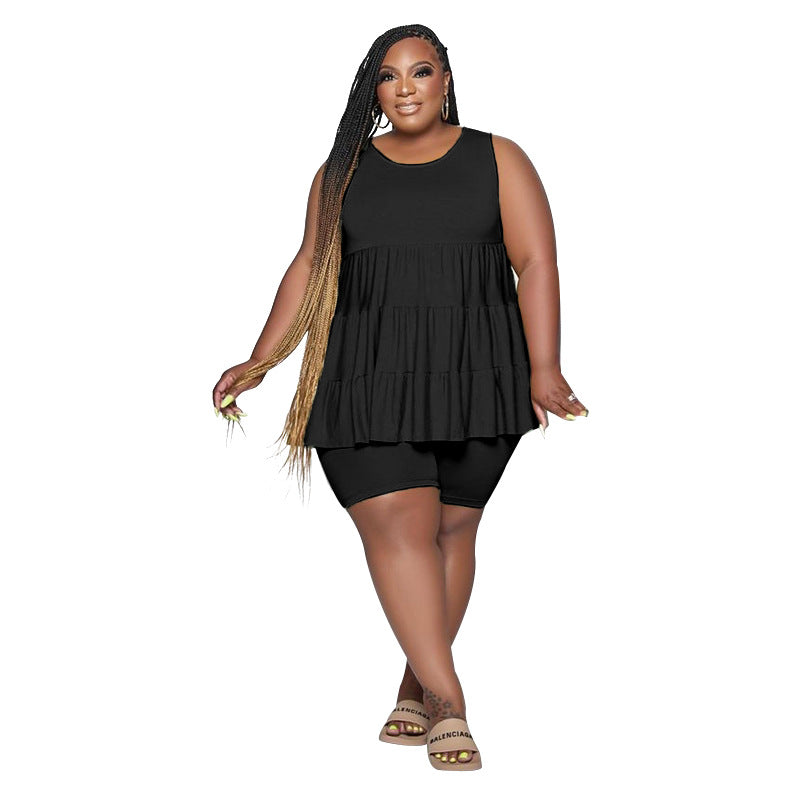 Summer Black Color Round Neck Sleeveless Peplum Top Pants Suit