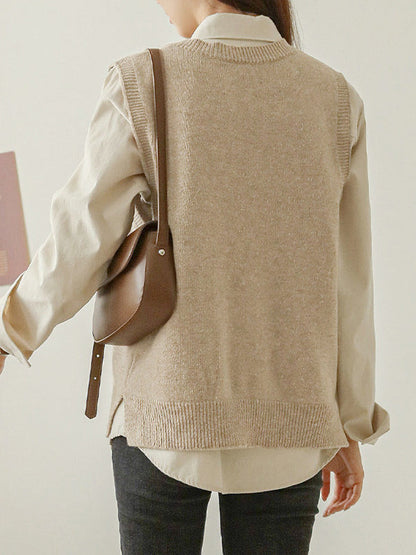 Loose Sleeveless Color V-neck Sweater Vest Outerwear