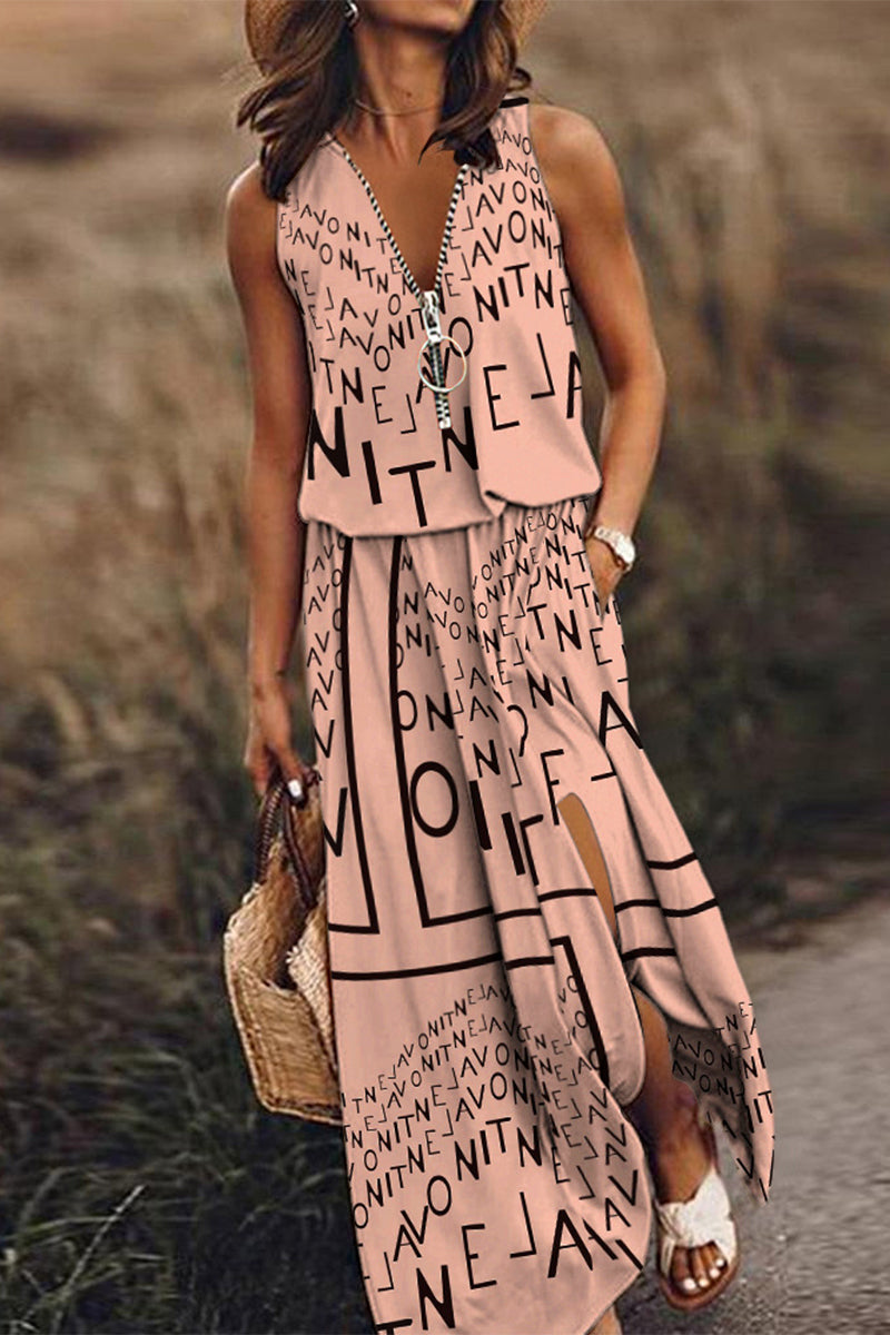 Street Letter Zipper V Neck Vest Dress Dresses(3 Colors)
