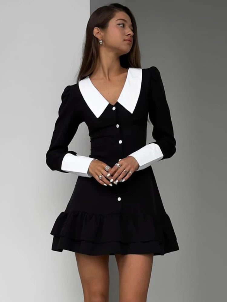 Taruxy High Waist ’s Evening Dress Retro Splice Long Sleeve Turn Collar Folds Mini Dress Woman Party Wedding Dresses