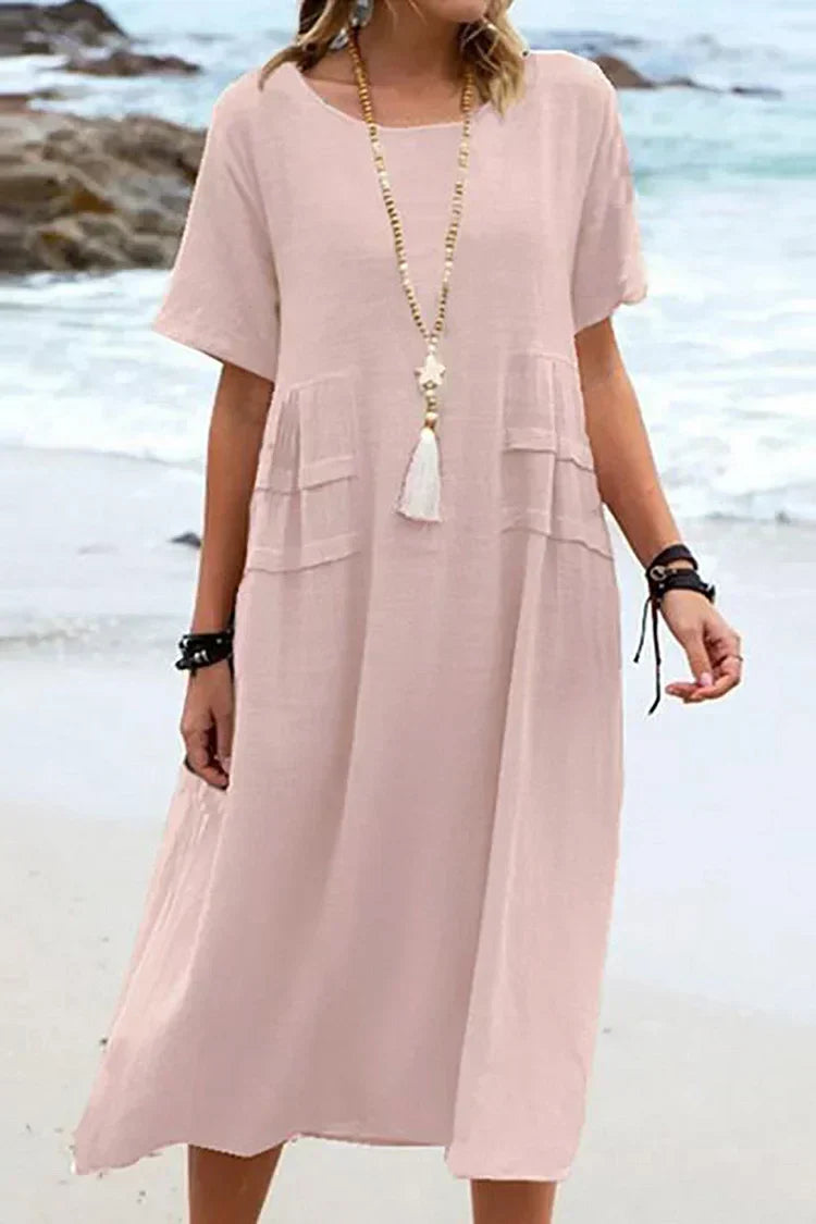 KS | Loose, short-sleeved casual dress with a round neckline and plain colors