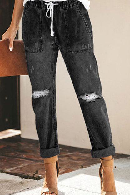 Street Color Ripped Draw String Pocket Denim Jeans(4 Colors)