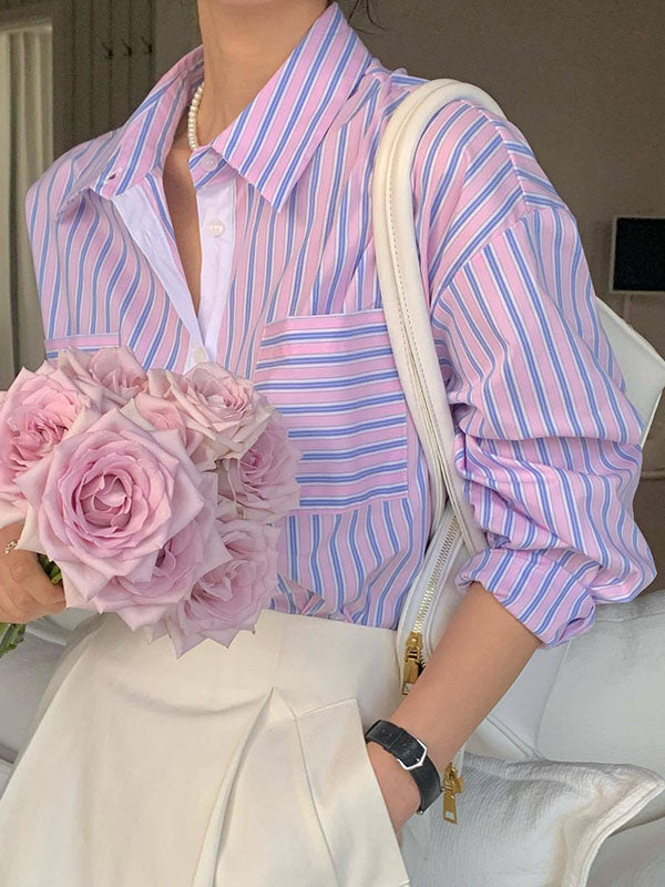 Long Sleeves Loose Buttoned Contrast Color Pockets Striped Lapel Blouses&shirts Tops