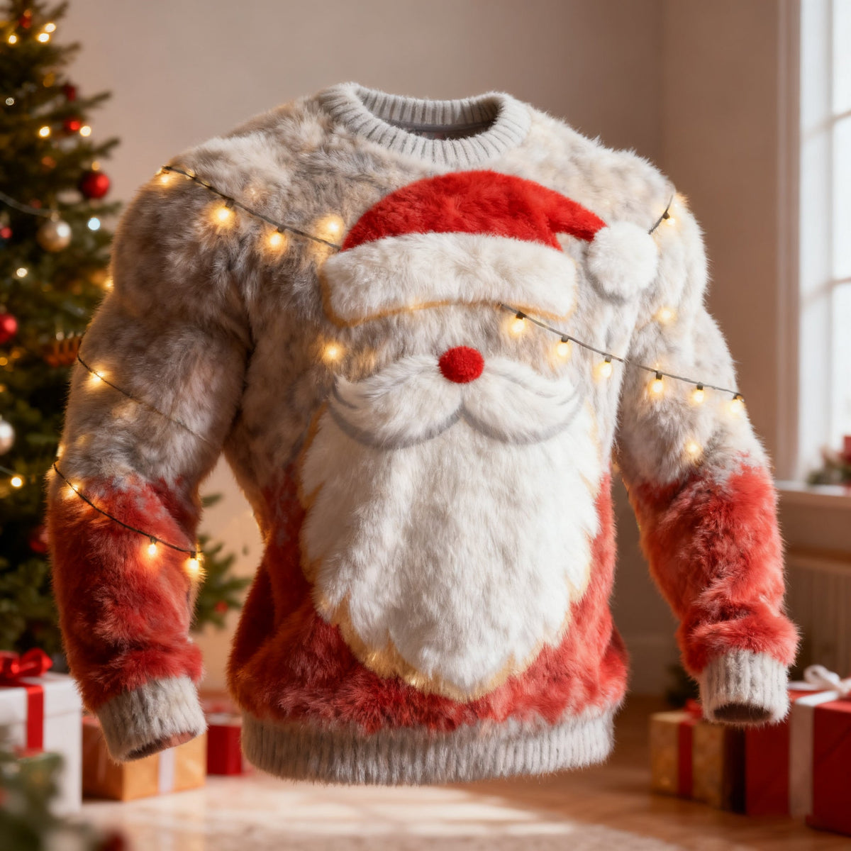 Comstylish Men's Funny Christmas Santa Claus Lights Pattern Casual Flannel Sweatshirt