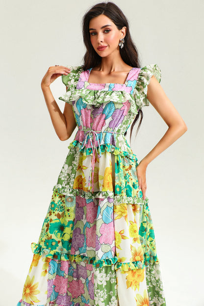 Printed Sleeveless Square Collar Ruffle Hem Midi Dress