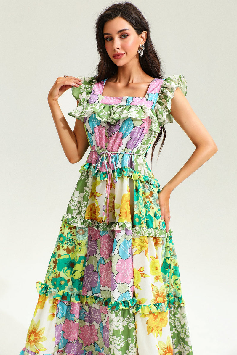 Printed Sleeveless Square Collar Ruffle Hem Midi Dress