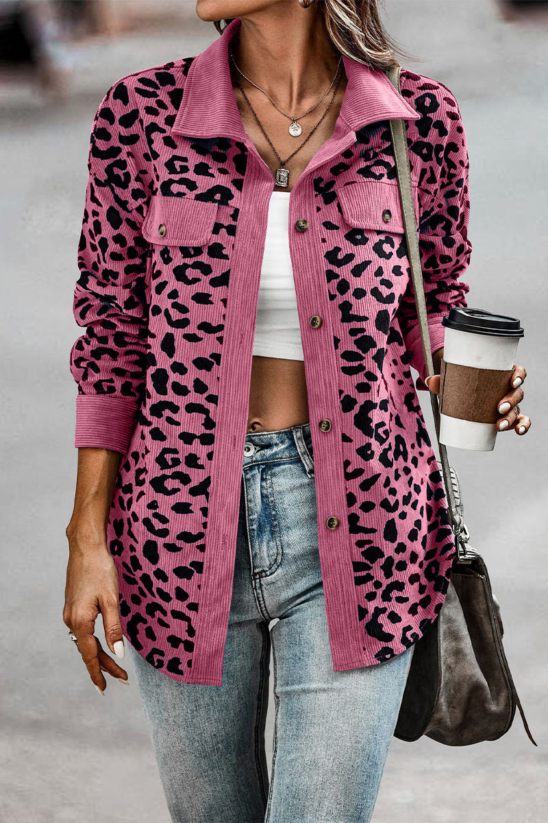 Sweet Leopard Pocket Turndown Collar Tops