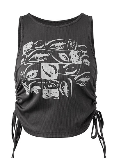 Retro Print Tops Fairy Grunge Graphic Y2k Crop Tops Short Sleevle Vest Tees Harajuku Suspenders Clothes