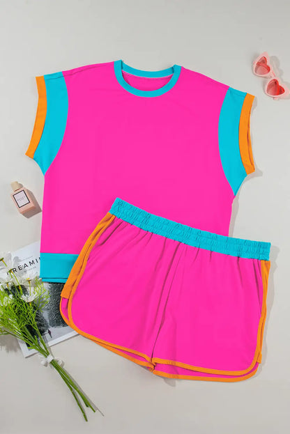 Rose Red Colorblock Cap Sleeve Top Shorts Set