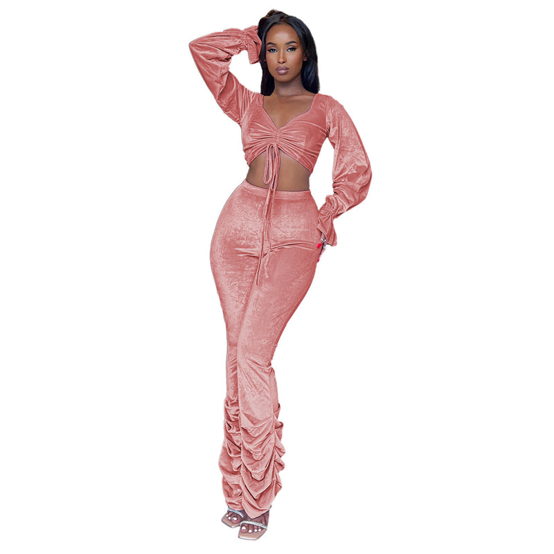 Autumn Winter Korean Velvet Flared Sleeve Pleated Pile Pants Suit – Outfit