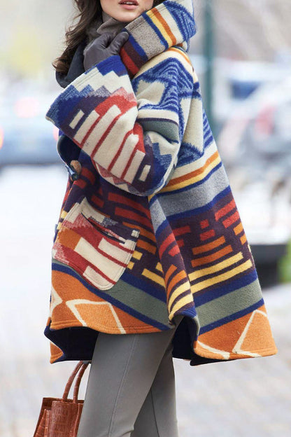 Geometric Print Patchwork Hooded Collar Outerwear