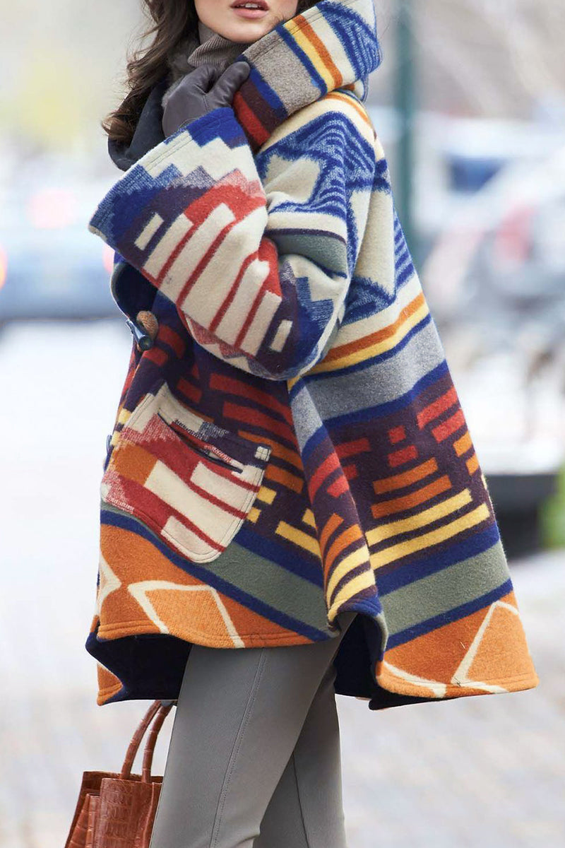 Geometric Print Patchwork Hooded Collar Outerwear