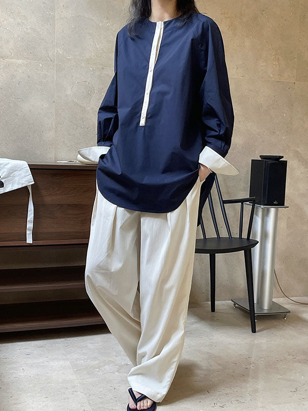Urban Long Sleeves Loose Contrast Color Round-neck Blouses&shirts Tops