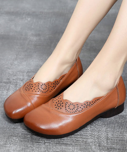 Green Hollow Out Flat Shoes Cowhide Leather Splicing Flats