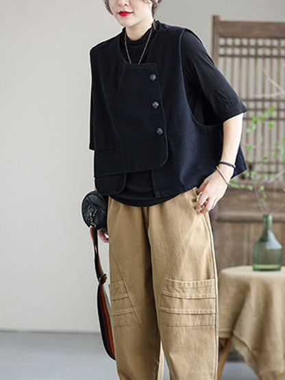 Asymmetric Color Buttoned Vest Top