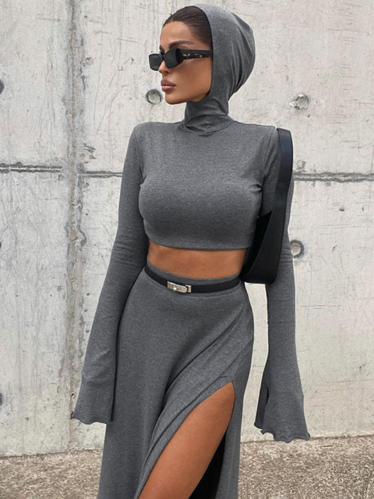 Taruxy Loose Side Slit Skirt Two Piece Sets Outfits Dress Sets Short Long Sleeve Hoodies and Skirts Suit Femme
