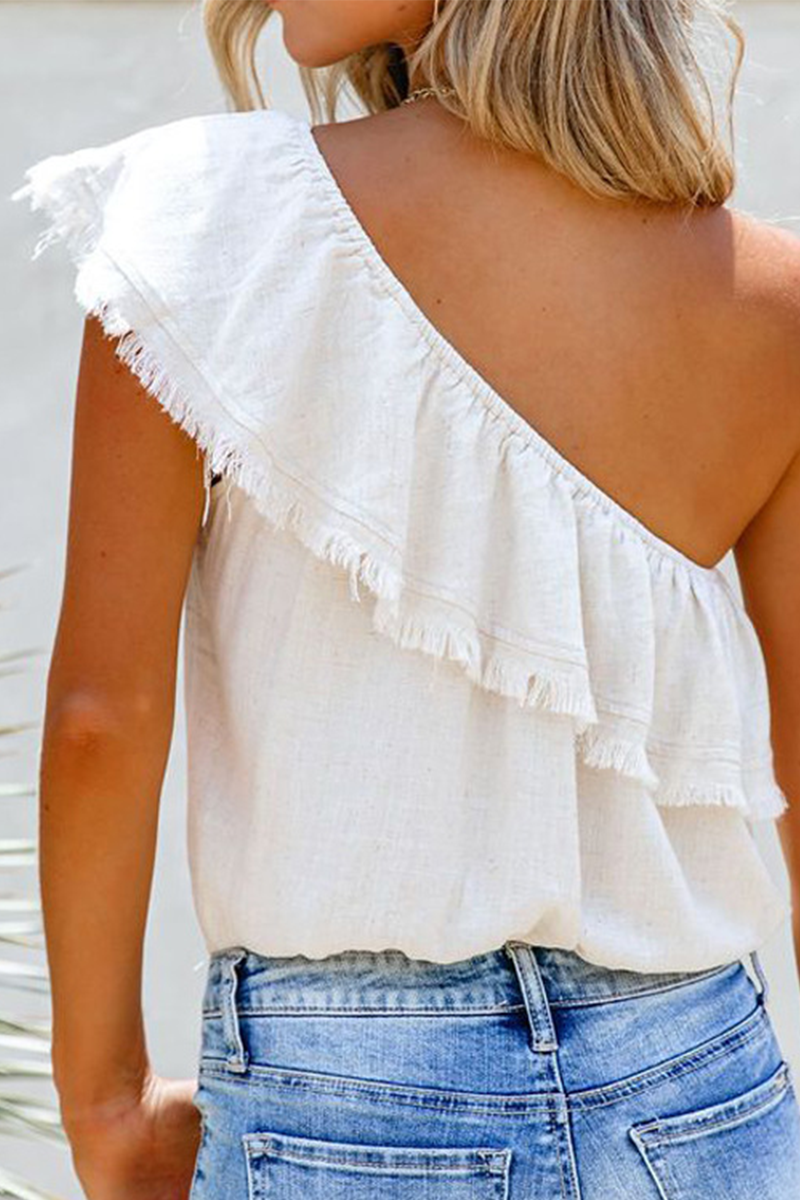 Tassel Flounce Oblique Collar T-shirts