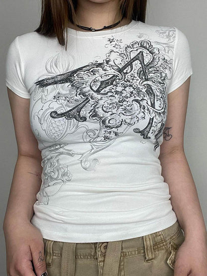 Retro Graphic Crop Top White Short Sleeve O Neck T Shirt for Y2k Aesthetic Basic Tees Clothes