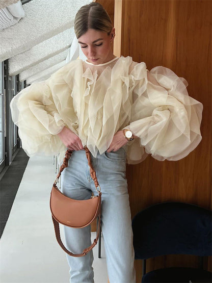 Tossy Patchwork Ruffled White Shirts for High Waist Long Sleeve Blouse Top