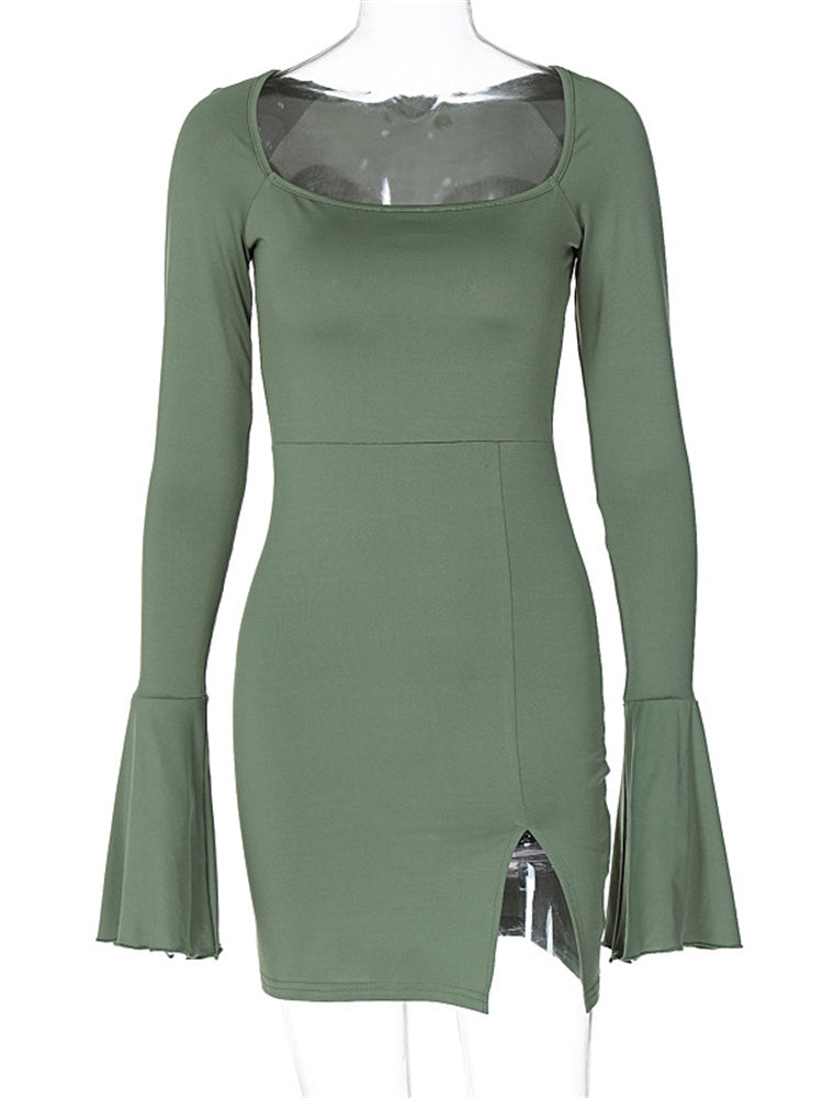 Tossy Square Collar Mini Dress Female Patchwork Split Patchwork Long Sleeve Clothes Dress High Waist Dress
