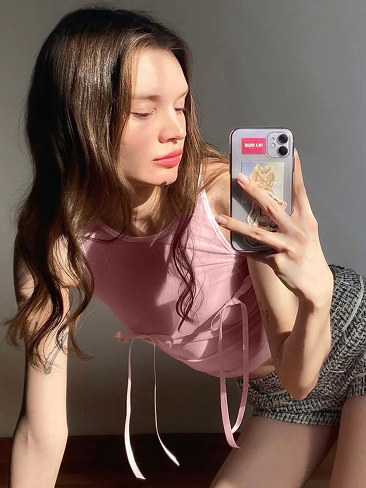 Pink Top Bow Crop Top Female Sleeveless Vests Y2k Fairy Grunge Summer Color Tube Top Baby Tees ’s Clothing