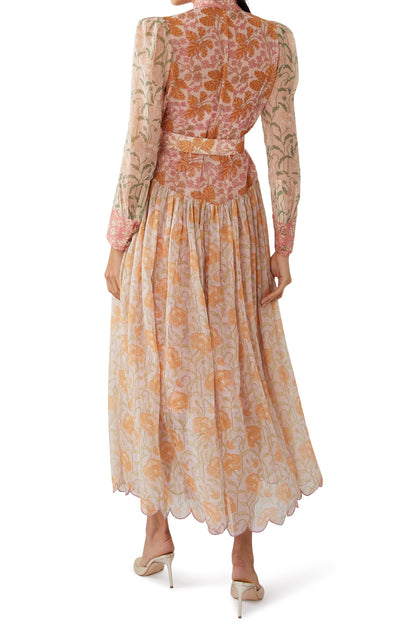 Splicing Long Sleeve Midi Dress With Belt