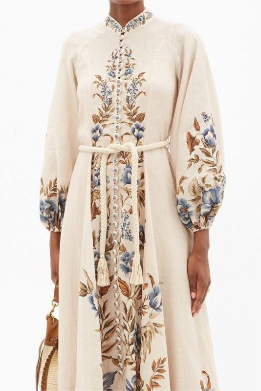 Lantern Sleeve Stand Collar Lace Up Midi Dress