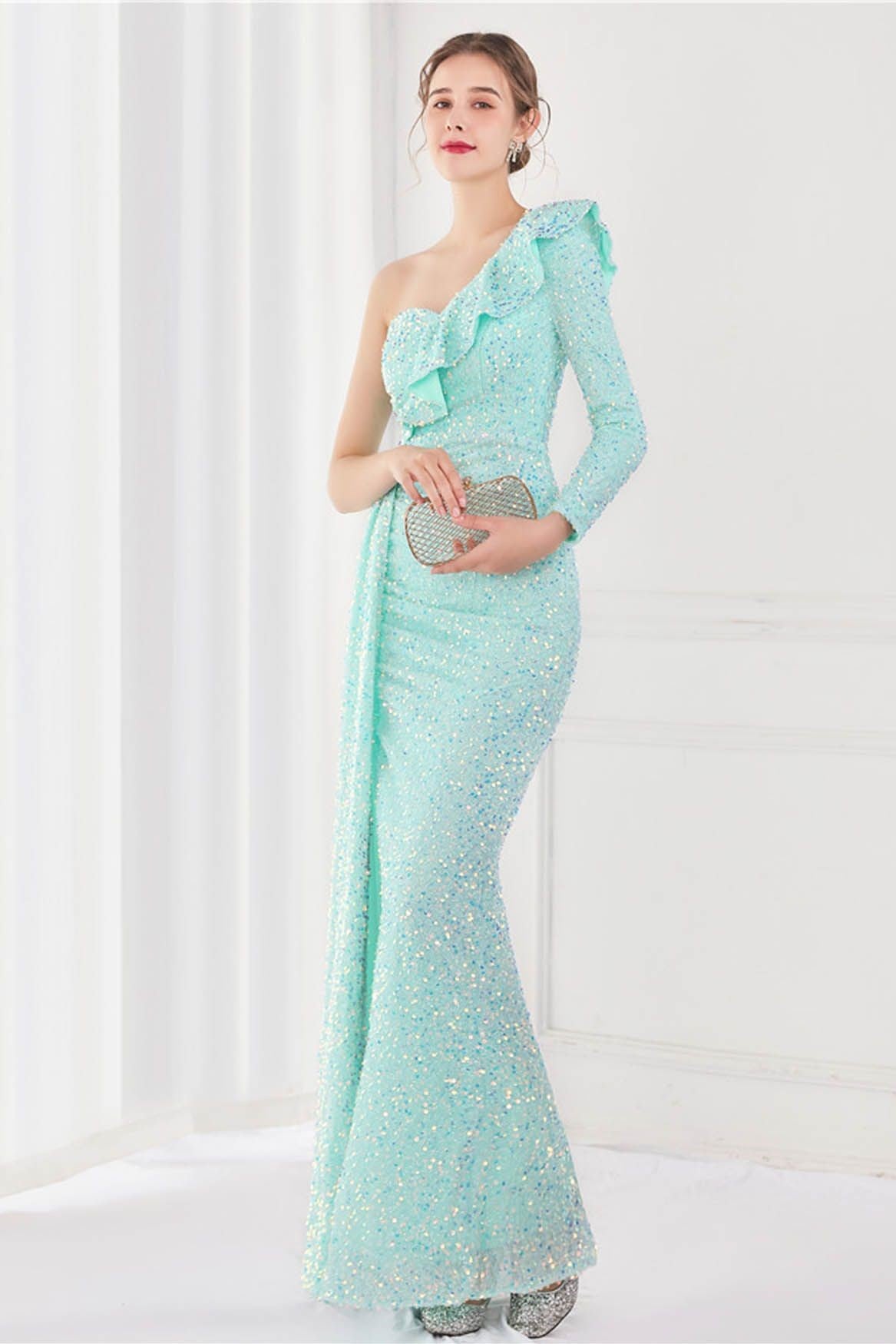 Sequin One-shoulder Split Maxi Dress