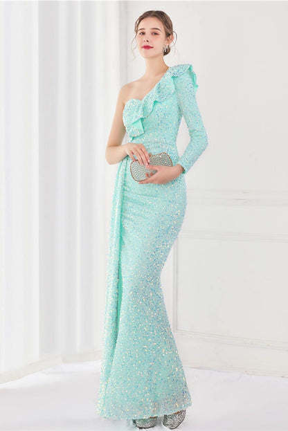 Sequin One-shoulder Split Maxi Dress