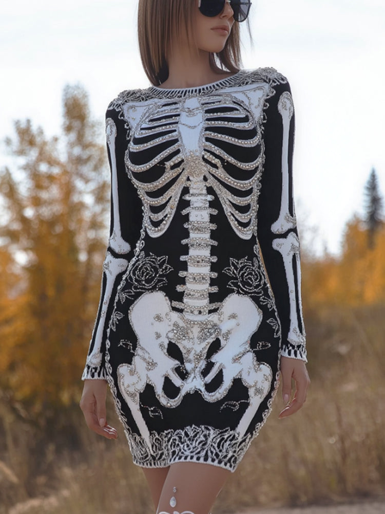Women's Ancient Halloween Anatomy Art And Rose Knitted Round Neck Dress artswardrobe