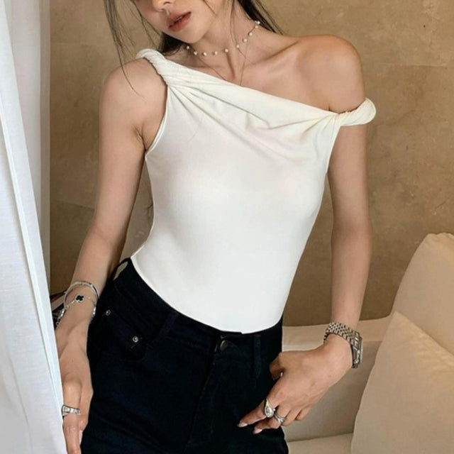 Taruxy Off Shoulder Slim Fit Twist Top for Sleeveless Patchwork Pullover Short T Shirt Female Summer