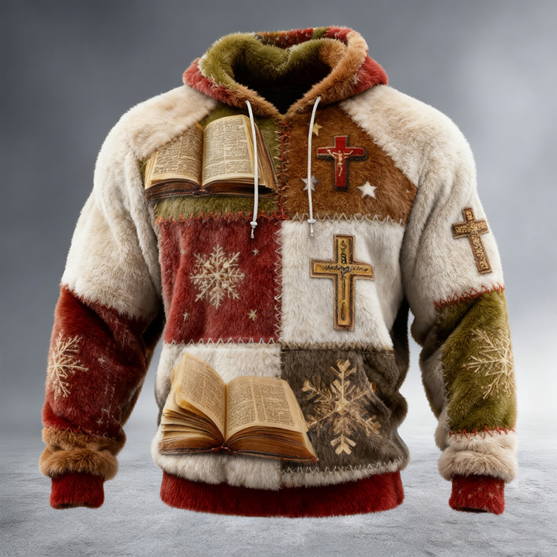 Comstylish Men's Christmas Faith Patchwork Print Plush Warm Hoodie