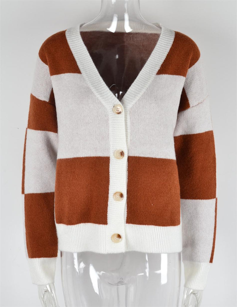 Autumn Winter ’s Plaid Stitching Knitwear Cardigan Sweater Coat