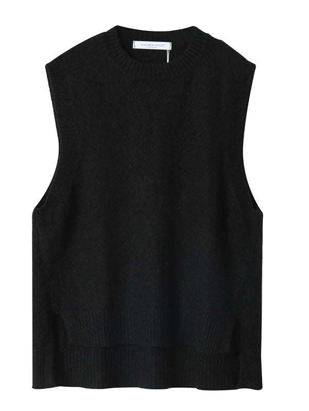 High-low Loose Color Split-joint Split-side Round-neck Knitwear Vest Top